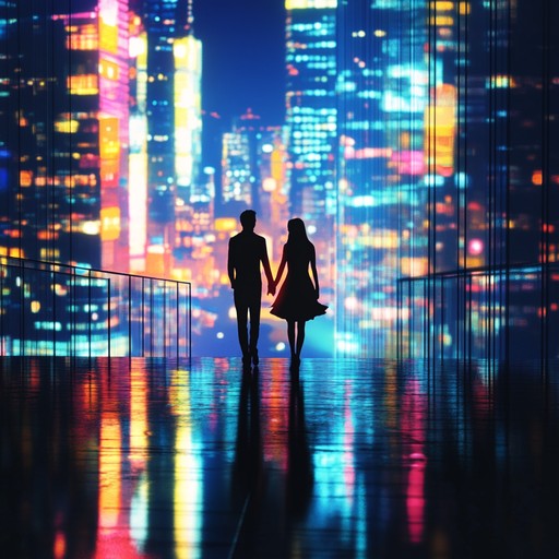 An evocative electronic composition layered with lush synthesizer sounds, capturing the warm and tender moments of love amidst a vibrant and glowing urban nightscape.