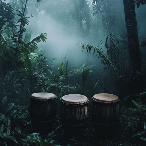 An enigmatic blend of ancient tribal drum patterns woven into haunting electronic soundscapes, this piece evokes an ominous atmosphere reminiscent of hidden rituals in a dense, mystical jungle field