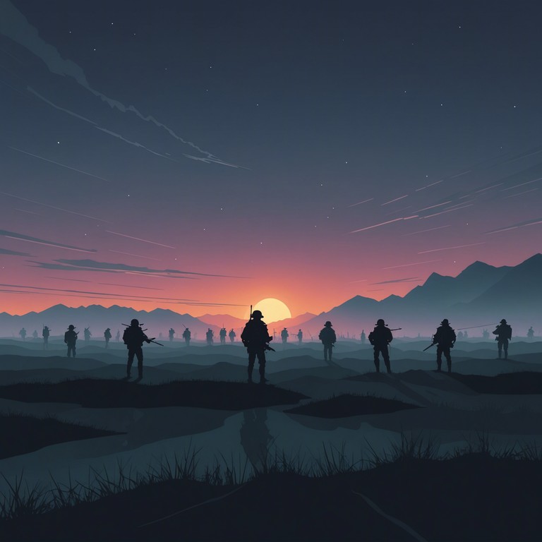 This composition evokes the chilling atmosphere of a dystopian battlefield, where the relentless march of soldiers casts long, ominous shadows across a ravaged landscape. The track mixes traditional military sounds with dark, brooding overtones, providing a haunting backdrop to a scene of disciplined chaos and impending conflict.