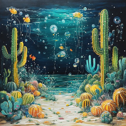 A whimsical instrumental blending ethereal sounds to depict cacti gracefully dancing beneath the ocean's surface, creating a surreal underwater desert atmosphere.