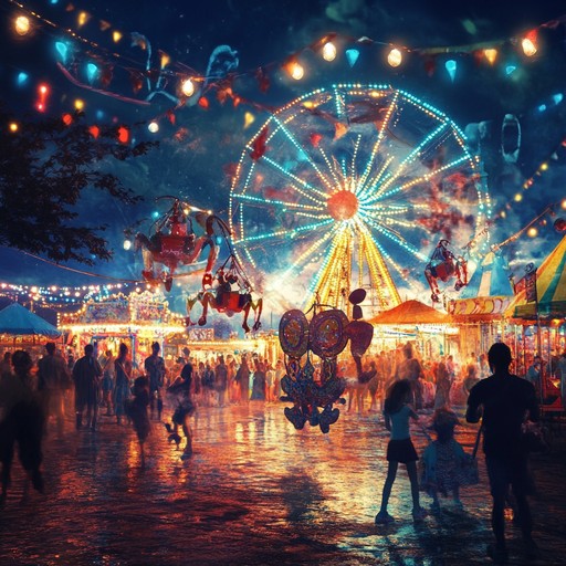 A buoyant and spirited swing composition that dances through a colorful carnival scene, with playful melodies reminiscent of puppets and merry go rounds. The whimsical nature is underlined by bouncy rhythms and cheerful instrumentation, guaranteed to bring joy and a sense of retro fun.