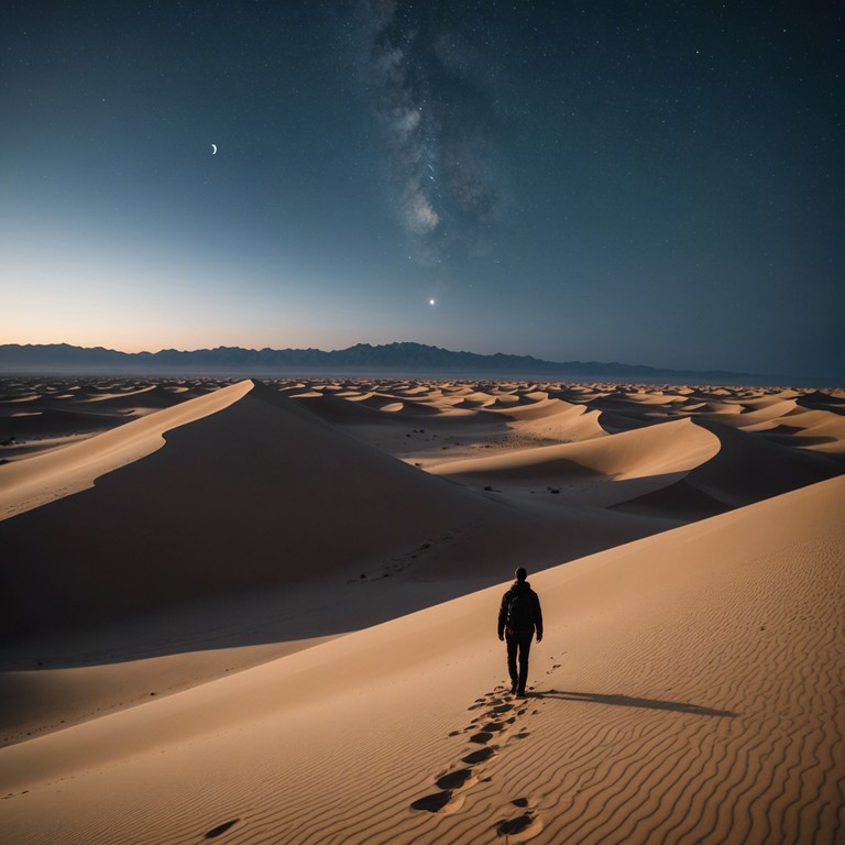 Whispering winds and soft oud strings create a soundscape that guides a solitary figure traversing the daunting desert landscape under a blanket of stars, their journey marked by both fear and fascination.