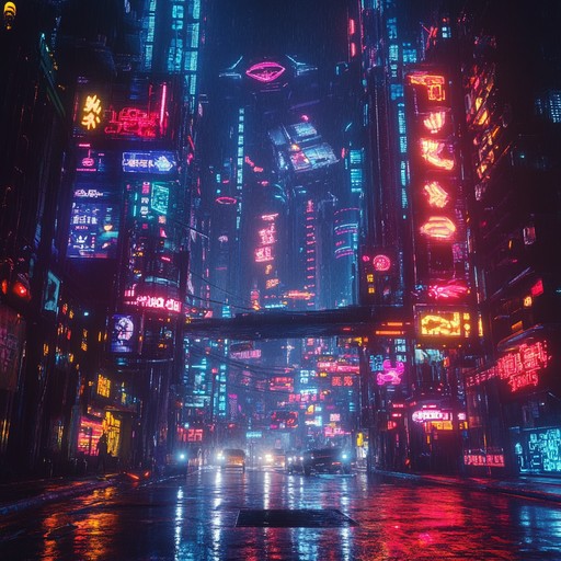 In a futuristic and dark world, eerie synths blend with dramatic beats, creating the sound of a shadowy metropolis. The music pulses with tension and mystery as it paints the picture of a chaotic, neon lit midnight.