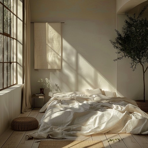 Create a light, breezy instrumental capturing the essence of a lazy summer afternoon in a sunlit bedroom. Incorporate relaxed rhythms, gentle acoustic guitar strumming, and soft, soothing melodies to evoke feelings of warmth, comfort, and simplicity.