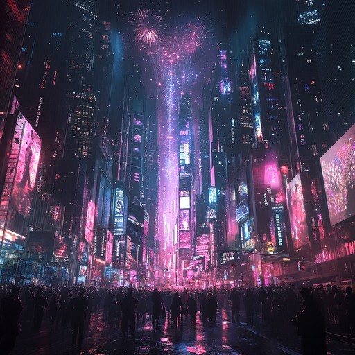 A high energy instrumental track that captures the excitement of a celebration in a futuristic cyberpunk metropolis. Pulsating electronic beats blend with soaring synth melodies to create an atmosphere of exhilaration and joy amidst neon lit skyscrapers and holographic displays.