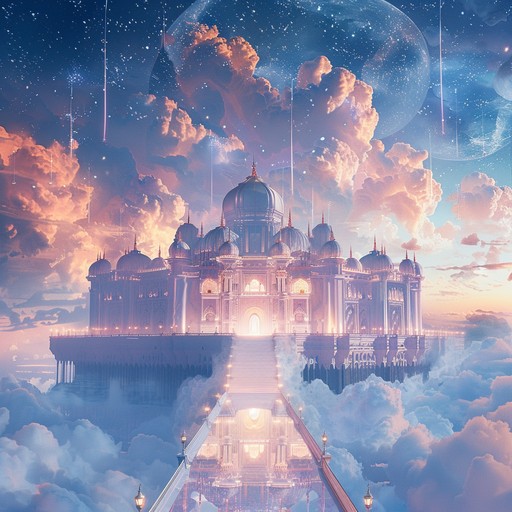 An instrumental composition filled with the glam and grandeur of a fantastical kingdom. This piece integrates lush synths with energetic electric guitar riffs, creating a cinematic soundscape that transports listeners to a shimmering, majestic palace. Each note captures the essence of grandeur and celebration, reflecting the splendor and magnificence of an otherworldly realm.