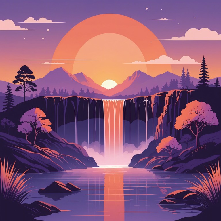 This piece paints a serene soundscape where soft piano chords merge seamlessly with the tranquil harmony of flowing water, suggesting a soothing sunset by a cascading waterfall.