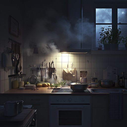 As the night deepens, the soft melodies of cooking integrate with gentle kitchen sounds, creating a tranquil soundscape that celebrates culinary arts mingled with a melody reflective of peaceful nighttime ambiance. Perfect for those who find solace in the kitchen late at night.