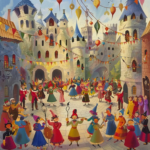 A delightful and lively renaissance piece evoking images of a jester entertaining the court. The playful melody of flutes, lutes, and fiddles creates a joyous and festive atmosphere, perfect for celebrations and dances in a medieval castle.