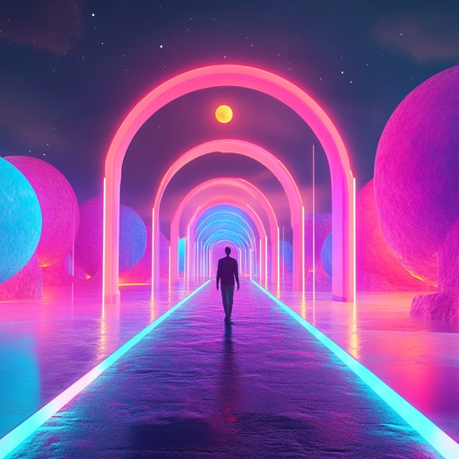 Traverse a neon lit landscape where haunting minimalist synths meld with bright, uplifting motifs, crafting an ethereal ambiance of balanced darkness and light.