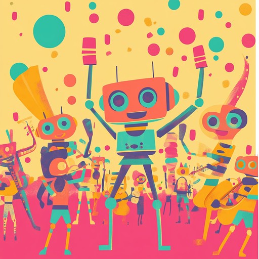 An instrumental track that combines funky grooves with samba rhythms, featuring electronic robotic sounds to create a fun and danceable novelty song.