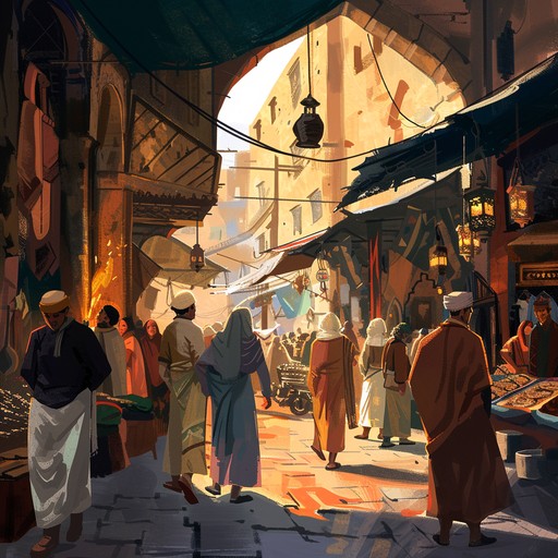 A vibrant and exotic instrumental piece that captures the lively atmosphere of a bustling outdoor market, with merchants selling their wares, shoppers haggling for bargains, and the air filled with a cacophony of sights, sounds, and aromas from distant lands.