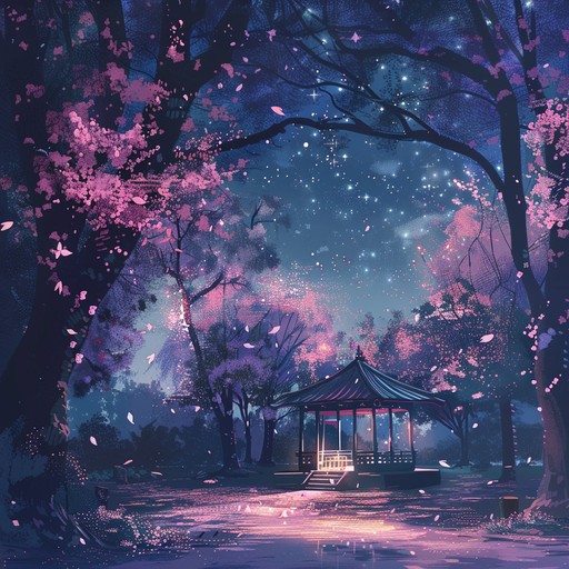 A magical auditory journey through a night time sakura garden, framed by gentle j pop melodies and soft electronic textures. The ethereal soundscape invites listeners to float among the blossoms and stars, feeling every petal and twinkle.