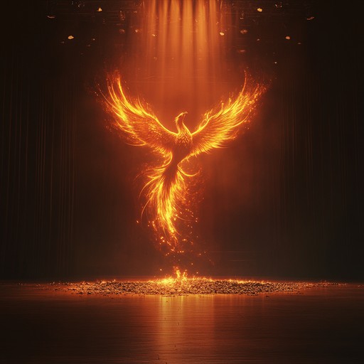 A vibrant and dynamic orchestral composition that vividly portrays the fiery rebirth and soaring flight of a phoenix, blending powerful melodies with dramatic theatrical flair to evoke awe and inspiration.