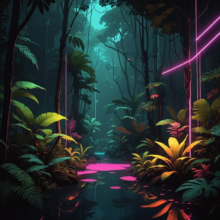 Imagine walking through a serene neon lit rainforest at midnight, where soothing melodies blend with eerie, unnatural sounds creating a calm yet uncanny atmosphere. The composition layers minimalistic sound patterns to craft a fusion of nature and synthetic elements, invoking a sense of peace intertwined with a touch of the unearthly.