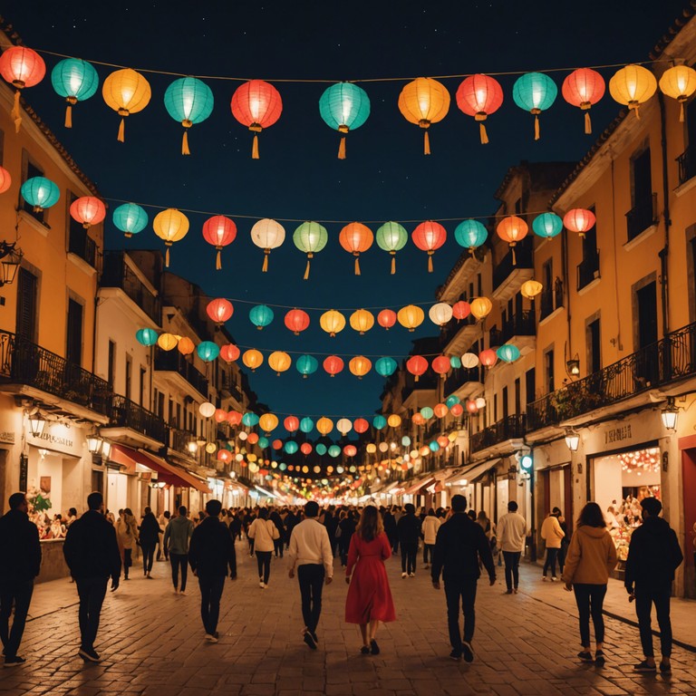 This composition fuses classic rumba rhythms with vibrant spanish guitar melodies to create an irresistibly danceable track. The music captures the spirit of a festive evening in a quaint spanish town, where dancers are lit by lanterns under a starry sky, moving gracefully to the rhythm of the guitar.