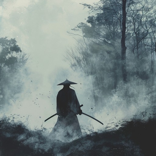 This track conjures the eerie ambiance of a haunted forest where a spectral samurai prepares for a final showdown. Deep taiko drums and haunting shamisen melodies set a menacing tone, while atmospheric strings and eerie wind chimes add layers of suspense. Perfect for a climactic anime scene brimming with tension and drama.