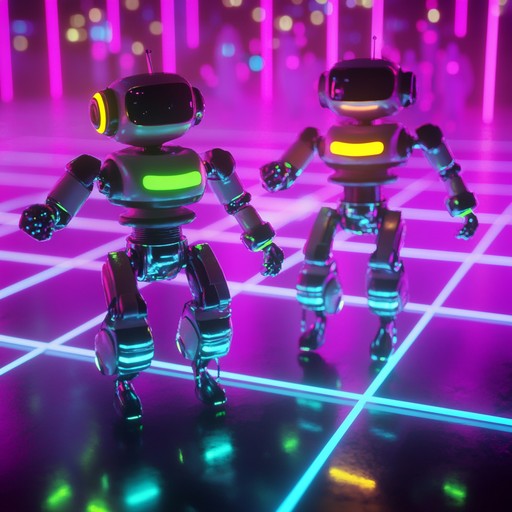 Imagine a whimsical world where robots come alive, dancing to joyous, bouncy electronic beats. Synths, basslines, and playful melodies merge to create a fun, feel good atmosphere with a futuristic twist.