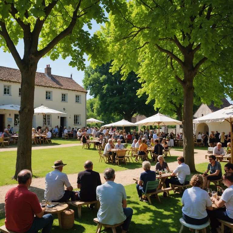 Imagine a vibrant scene at a bustling medieval fair where colorful troubadours weave magical tales. The music sets a backdrop of light hearted camaraderie and joy, as families gather to hear the day's entertainment.