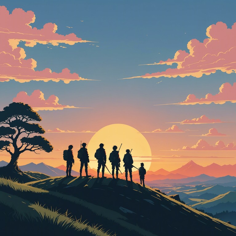 This track encapsulates the spirit of adventure and determination, perfect for pivotal moments in anime where heroes face their destiny. The music builds a stirring backdrop that escalates the intensity and emotion of the scene, incorporating energetic rhythms and a powerful melody played with an electric guitar to emphasize moments of victory and challenge.