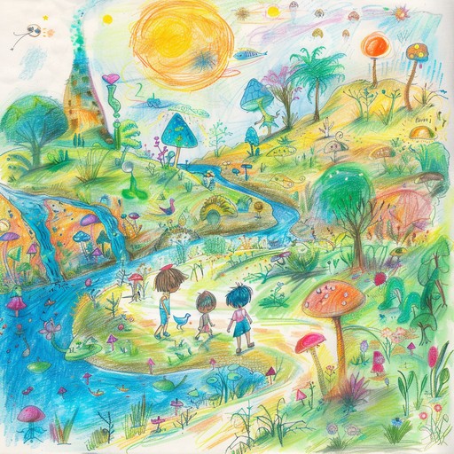 A cheerful, whimsical tune reminiscent of children exploring an enchanting fantasy land filled with magical creatures and endless adventures. This instrumental piece uses lively rhythms and playful melodies to capture the spirit of youthful curiosity and joy.