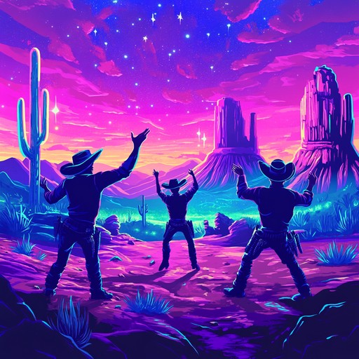 A high energy track combining the twang of western guitars with driving electronic beats, creating a vibrant, danceable soundtrack that evokes a desert rodeo rave. Cowboys meeting edm on a dusty dance floor.