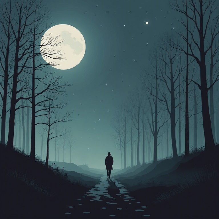 Imagine a solitary path through dense woods, with nothing but the sound of your footsteps and the distant call of nocturnal creatures, accompanied by a solitary acoustic guitar that weaves a hauntingly beautiful melody. This piece captures the essence of a nocturnal journey through nature, coupled with a sense of wonder and slight trepidation.