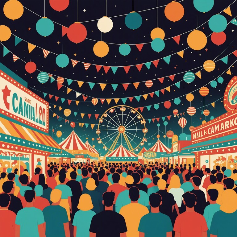 Imagine a scene filled with dazzling lights and unstoppable rhythms at a lively nighttime carnival, where each beat pulses with the energy of the night. The music embodies the spirit of a bustling fairground, filled with excitement and the thrill of mysterious adventures under the starry sky.