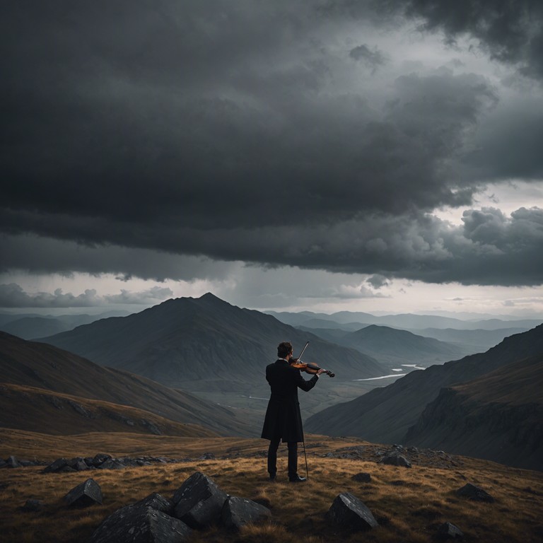 This orchestral piece is intricately designed to scaffold an atmosphere of fear and tension. It employs a series of escalating musical patterns that simulate the feeling of climbing a dark, forbidding mountain range under a gloomy sky, just before the storm breaks.