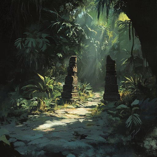 Immersive track inspired by ancient tribal rituals, using traditional drums and eerie, otherworldly melodies to create a spine chilling atmosphere that transports you to a forgotten land of shadowy jungles and hidden secrets.