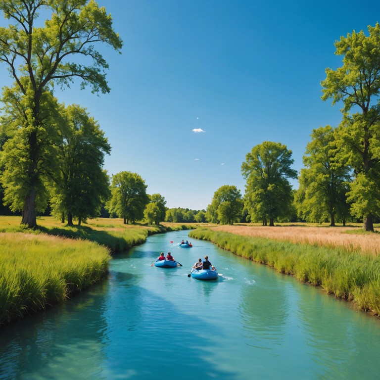 Imagine floating down an effortless stream under the clear blue sky, surrounded by the lush greenery of the countryside. This track features whistling and banjo playing that radiate with an effervescent joy, perfect for depicting scenes of natural beauty and simple pleasures.