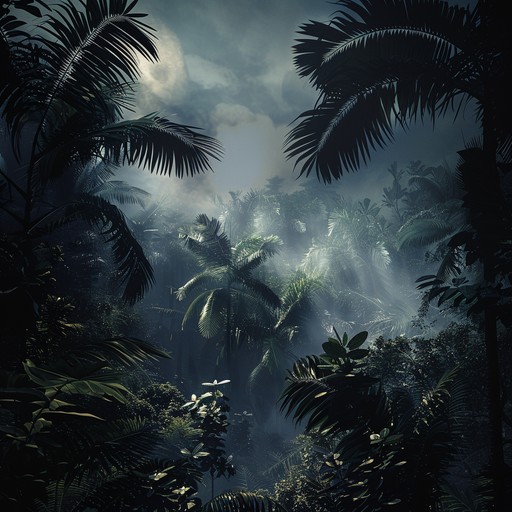 A brooding instrumental track with deep percussion and eerie ambient sounds, evoking a nighttime journey through a mysterious tropical jungle. The composition uses echoing marimbas and haunting flutes to create an intricate soundscape that pulls listeners into an enigmatic realm of shadow and foliage.