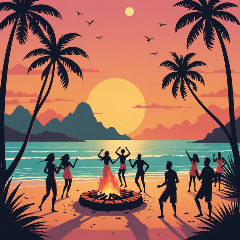 Imagine a rebellious spirit dancing through the vibrant sunset on a tropical beach, where energetic drum beats fuse with the soothing sound of ocean waves, crafting a soundscape that both relaxes and invigorates. The music embodies the fire of defiance and the calm of the ocean, perfect for both reflective moments and lively gatherings.