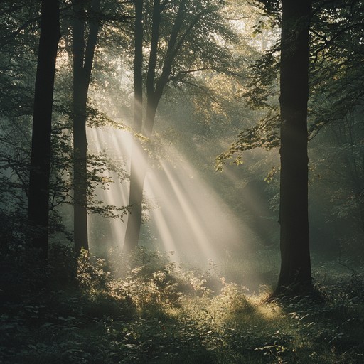 A tranquil journey through lush, ancient forests where the wind sings softly through the trees and the heart beats in harmony with the gentle rustling leaves, creating an ethereal, dreamlike atmosphere