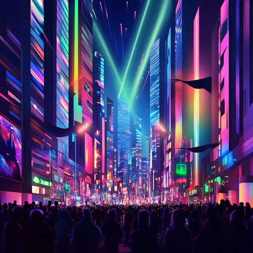 An energetic instrumental track that fuses bright, melodic synth lines with driving electronic beats, capturing the vibrant energy of a futuristic city celebrating under neon lit skies.