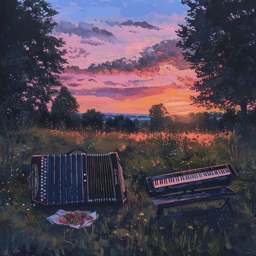 Picture a serene twilight, where the last rays of sun gently kiss the earth, and the surrounding air is filled with a soft, calm polka melody played on an accordion. This composition is perfect for those moments when you want to sit back, relax, and enjoy the simple pleasures of life.