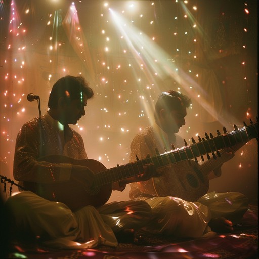 Dive into a dynamic celebration merging traditional indian raga melodies with energetic rock riffs, capturing the festive spirit of a grand celebration under vibrant lights.