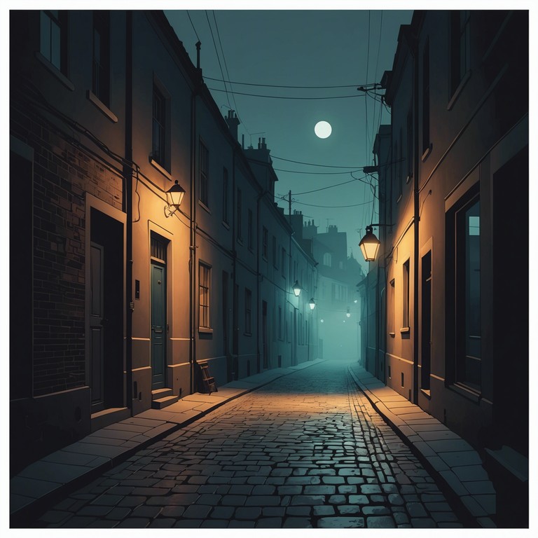 A shadowy composition where haunting whispers weave through forceful, rhythmic stomps, creating an atmosphere of suspense and unease deep in an ancient, fog laden cityscape. Perfect for evoking feelings of pursuit or lurking shadows.