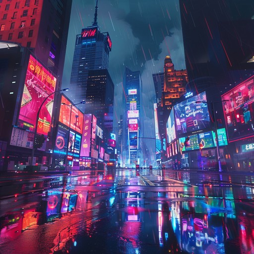 Imagine wandering through a dark, neon lit cityscape, where towering skyscrapers loom overhead and rain soaked streets glisten with reflections. This track blends deep bass lines and sharp synths to evoke a dystopian, yet electrifying urban landscape.