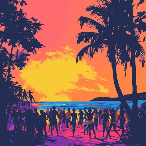 This track features an energetic dancehall rhythm infused with the spirit of a caribbean carnival, complete with pulsing beats that capture the vibrant essence of a sunset party on the beach. The music conveys a sense of joy and freedom, inviting listeners to dance and celebrate under the warm evening sky.