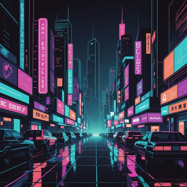 In this track, the sounds of a richly textured synthwave backdrop combine with futuristic, hopeful harmonies portraying the journey through a neon lit cityscape in a cyberpunk metropolis. The music captures the essence of optimism amidst technological chaos.