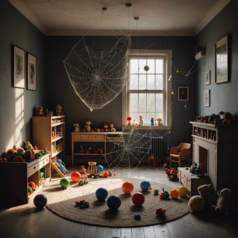 In a musical paradox, sinister undertones wind through the seemingly innocent melodies played on a toy piano, evoking a scene of a dimly lit, abandoned playroom where shadows hint at hidden stories. The music navigates a surreal landscape, navigating between innocence and eeriness, suggesting the haunting presence of ghostly children's laughter as it echoes softly in the background.