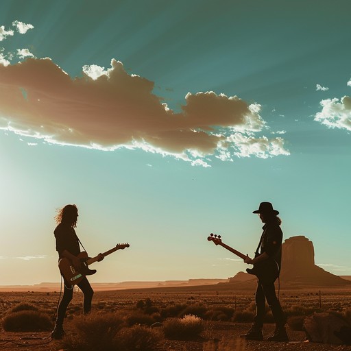 Picture a sun scorched landscape where two legendary guitarists are about to duel under a relentless sun. The powerful guitar riffs and sharp, melodic lines create an atmosphere of intense anticipation and grit, embodying the spirit of the legendary wild west.