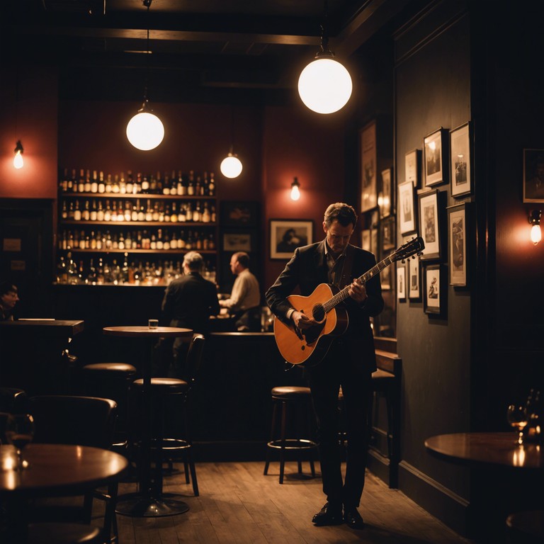 A sultry smooth blues ballad reverberates through a dimly lit, cozy jazz bar where the notes of the solo guitar tell stories of long nights and lost loves. The plush ambiance, coupled with the emotionally charged strings, creates a heart wrenching, soulful melody