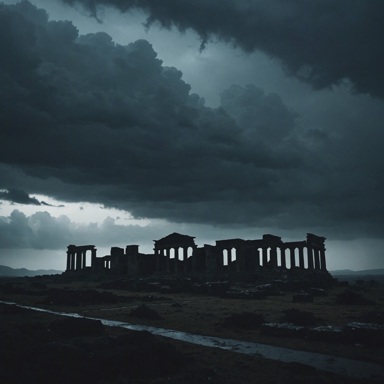 This composition evokes a journey through ancient ruins and forgotten lands, melding the heavy elements of rock with the grandeur of a full orchestral arrangement, creating an imposing atmosphere that suggests danger and awe in a forgotten world. The complex layering of strings and electric guitar weaves a rich tapestry of sound that portrays the grandiosity and mystery of an ancient past reawakening. The track aims to capture the listener's imagination, transporting them to a world of dark skies and looming silhouettes.