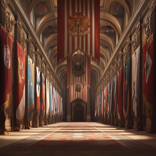 This elegant composition is a grand military march featuring a full orchestral arrangement. It starts with a noble brass fanfare, transitioning into a flowing melody carried by the strings. The percussive beats of snare drums and cymbals create a rhythmic cadence that is both powerful and dignified. The piece is designed to evoke feelings of honor, pride, and majesty, making it ideal for ceremonial occasions or patriotic celebrations.