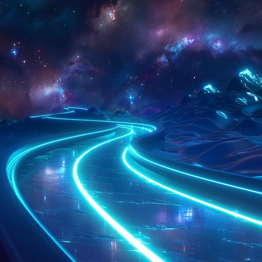 Embark on a cosmic night drive; intense synth layers accompanied by pounding rhythms lead you through glowing futuristic landscapes, conjuring an epic nostalgic atmosphere.