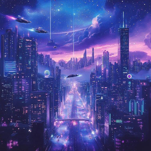 An instrumental electronic track featuring mesmerizing synthesizer melodies intertwined with pulsating electronic rhythms, creating an immersive futuristic soundscape that transports listeners to a neon lit metropolis