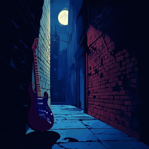 A haunting electric guitar paints a desolate picture in a midnight dive bar, playing blues influenced rock with a slow, undulating tempo. Each note drips with raw emotion, evoking solitude, reflection, and a sense of mystery.