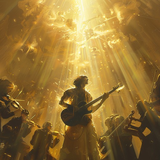 Epic symphonic rock composition intertwining powerful orchestral elements and stellar rock guitar. Dynamic shifts from lush strings to driving rhythms create an uplifting, majestic atmosphere.